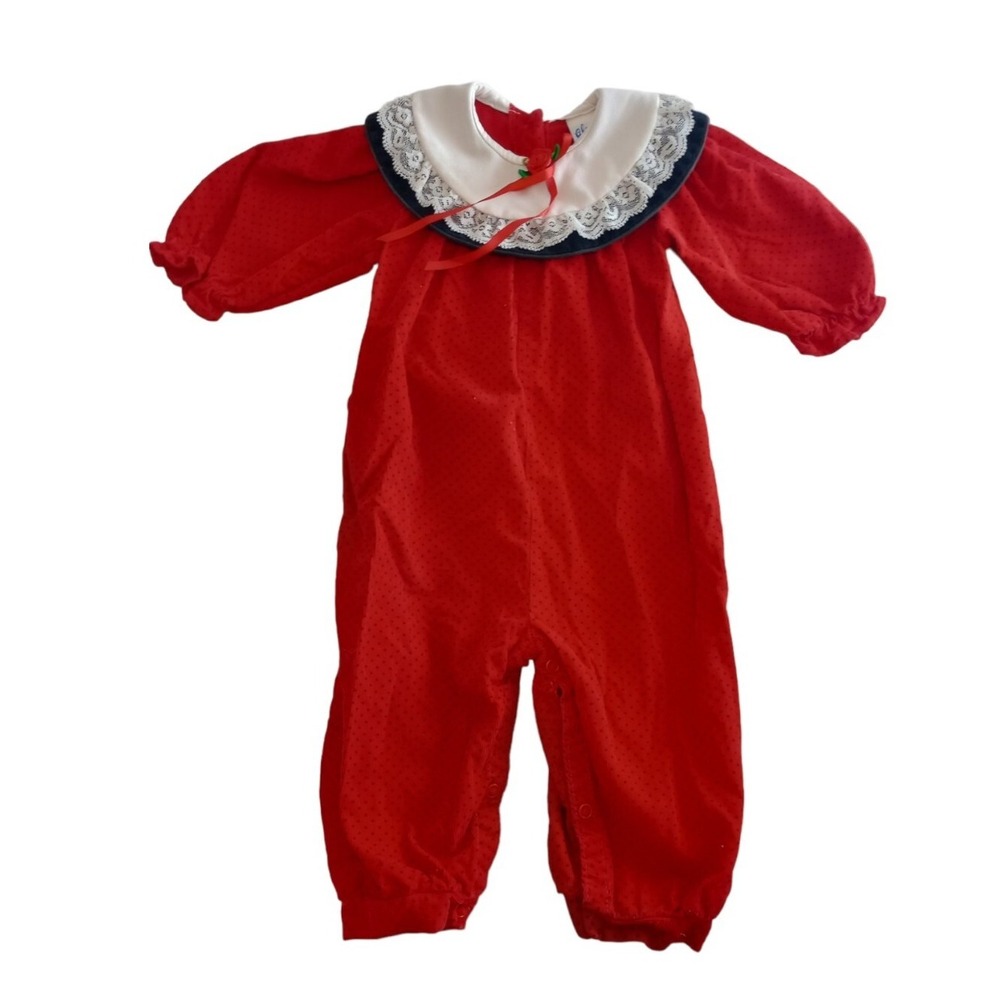 VTG Alexis jumpsuit Romper Girl 9M Red polka dot Corduroy Lace oversized collar